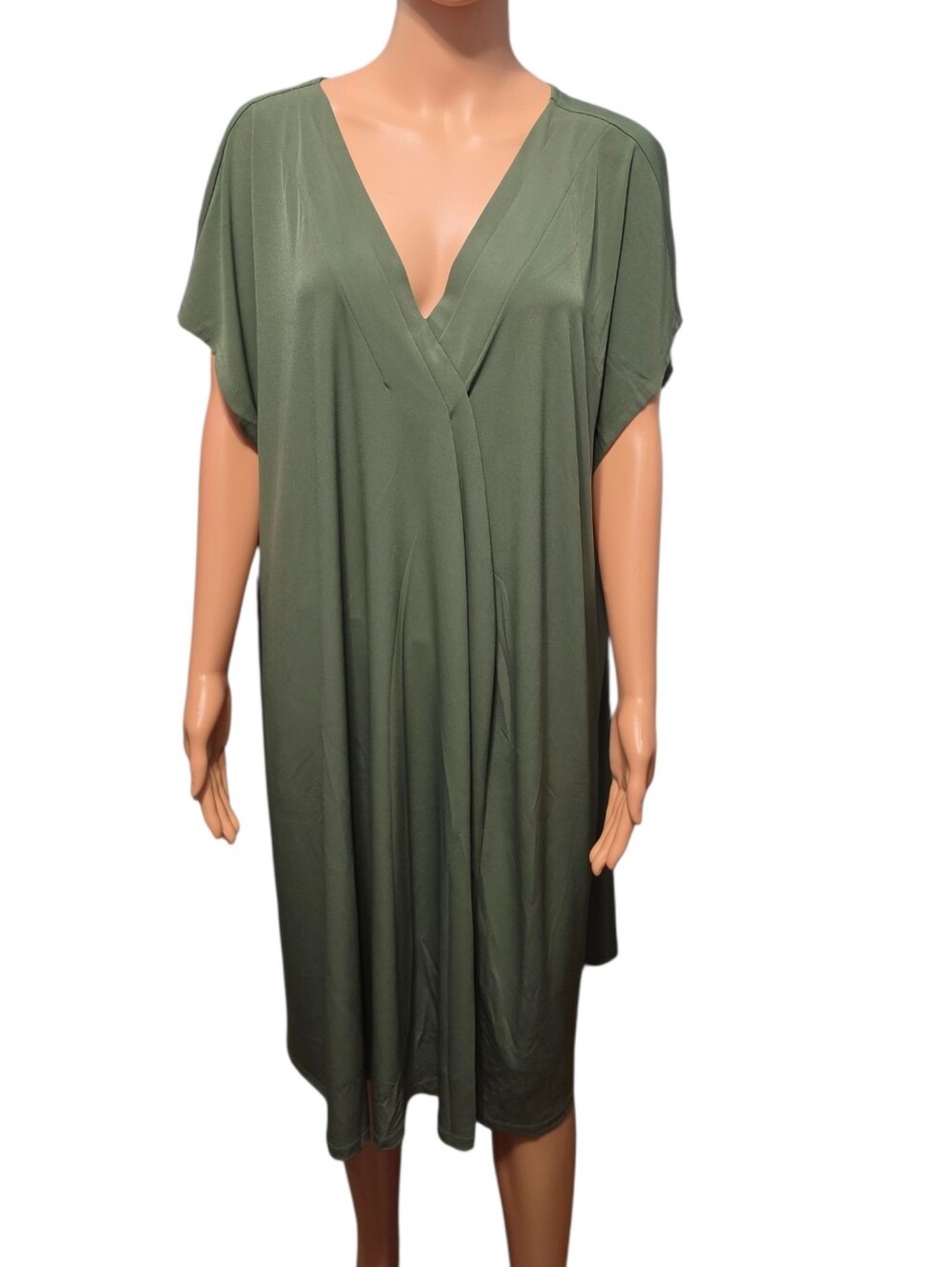 Lane Bryant Pleat-Front Olive Green Minimalist Jersey Relaxed Midi Dress 26/28P